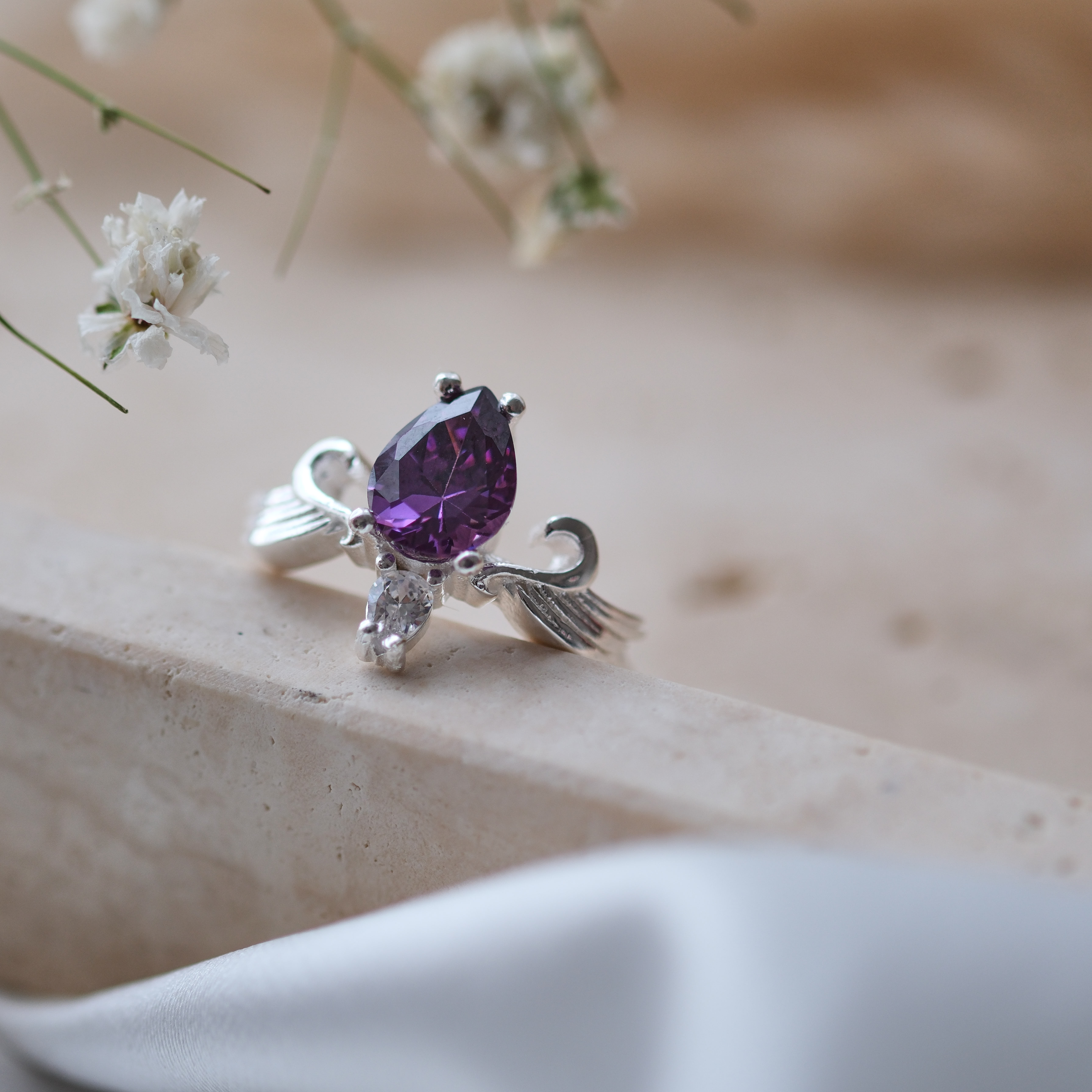 doğal ametist taşlı özel tasarım yüzük