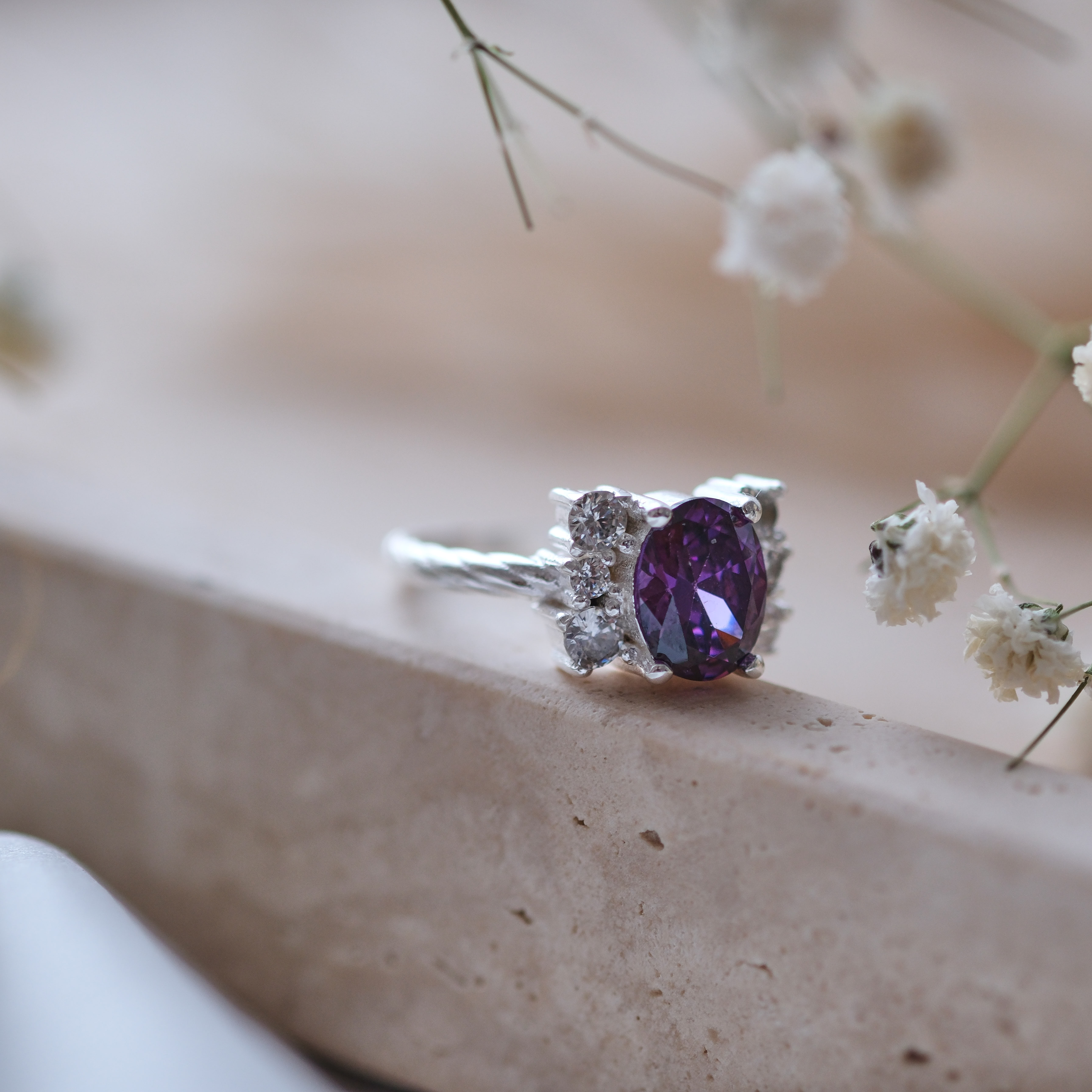 doğal ametist taşlı özel tasarım yüzük